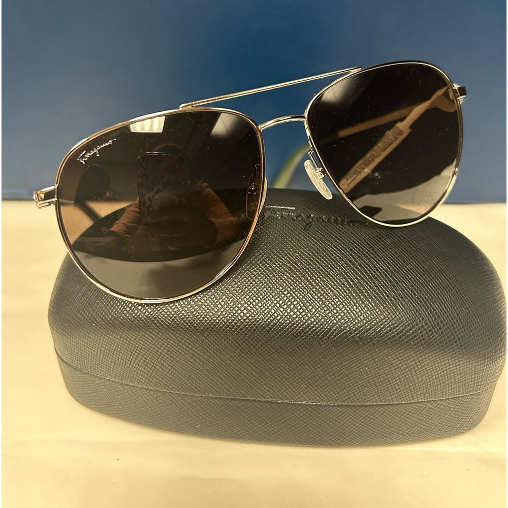 New Gummetal Silver Ferragamo Aviator Sunglasses